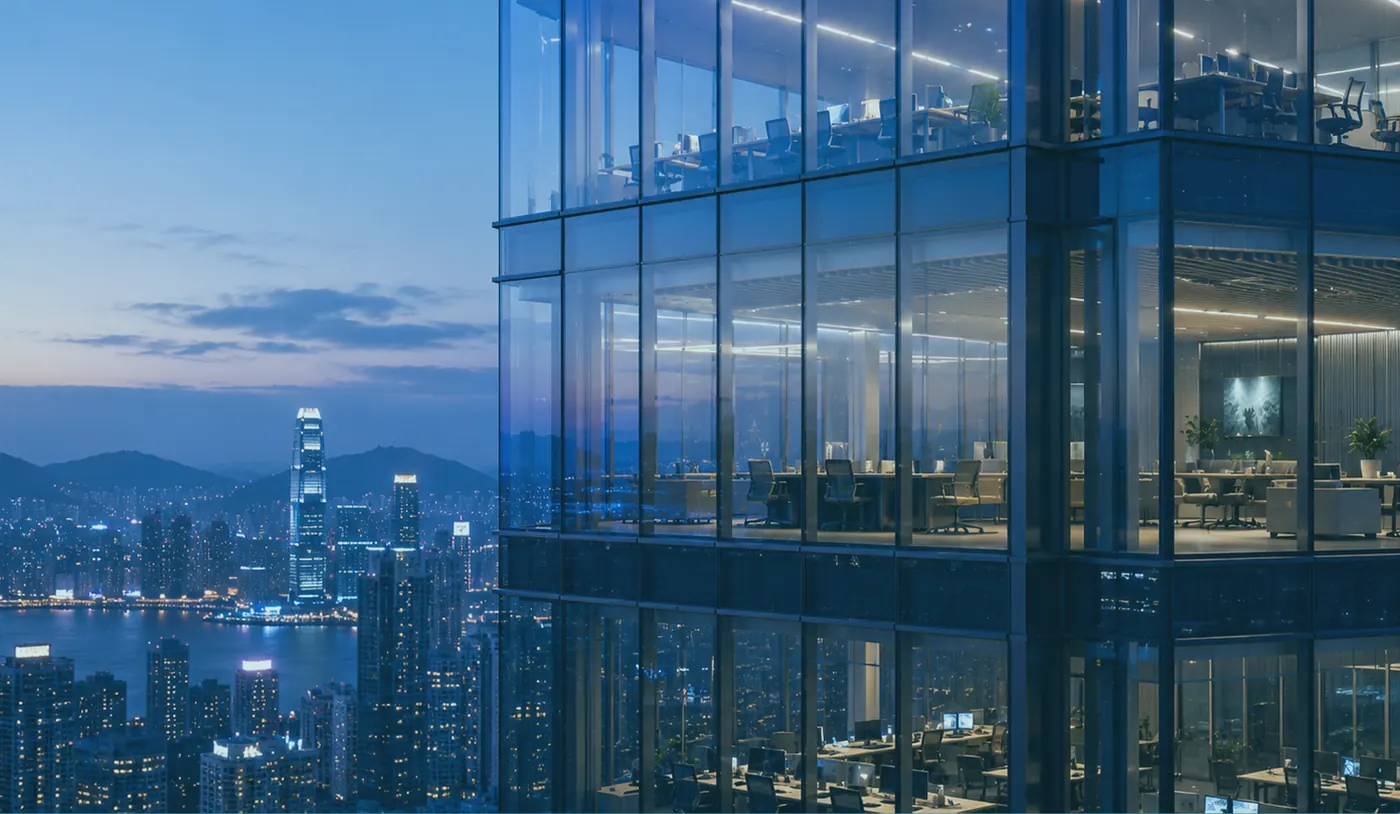 Modern office building overlooking a city