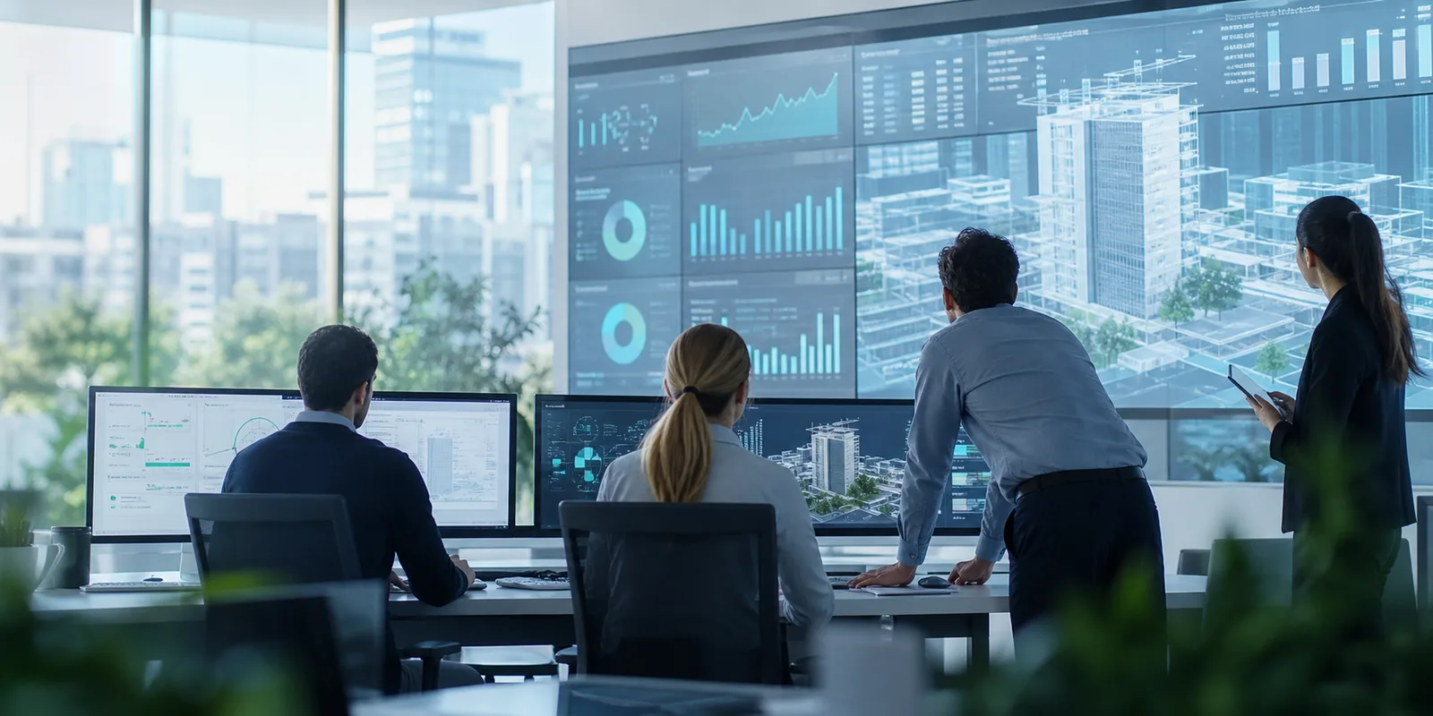 Smart energy operations team reviewing building data